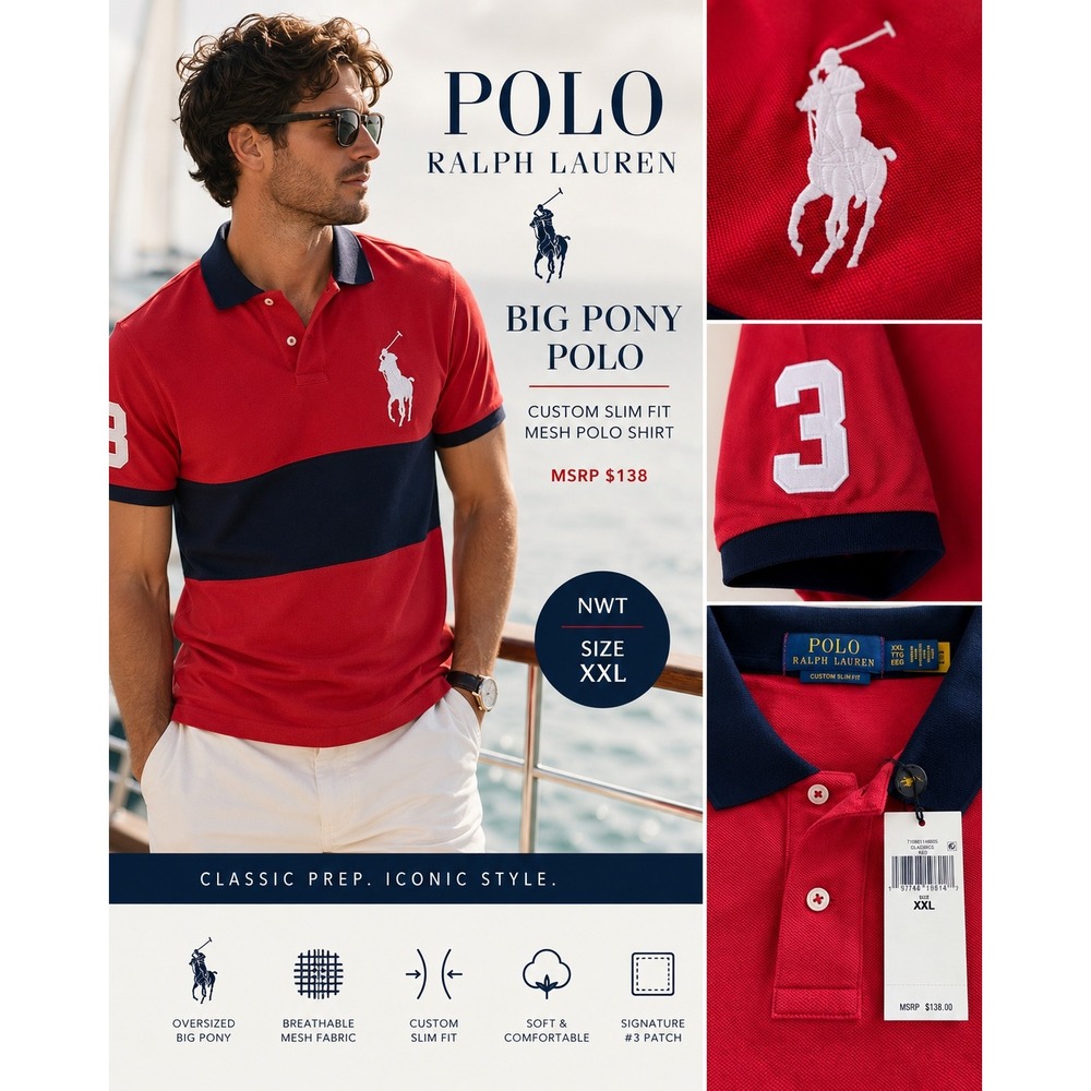Polo Ralph Lauren Big Pony Polo Shirt XXL Red Navy Custom Slim Fit NWT